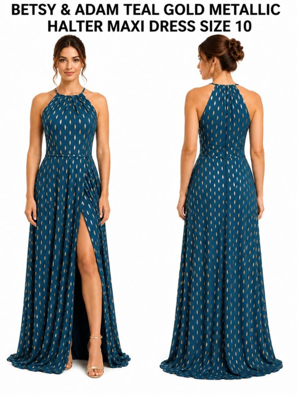 Betsy & Adam Teal Gold Metallic Halter Maxi Dress Size 10